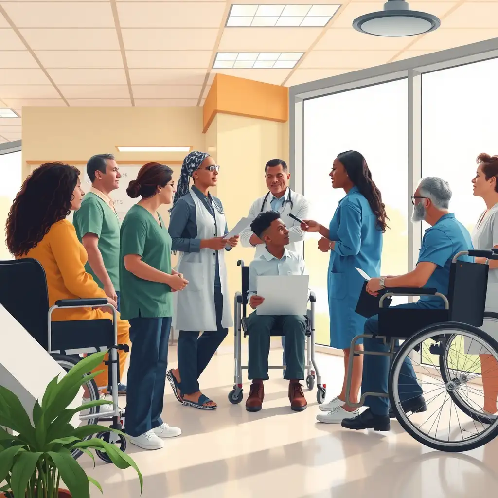 Illustration of a diverse group of veterans engaging with a healthcare professional in a modern VA medical facility, highlighting communication and advocacy. The scene includes medical charts and assistive devices, with a warm color palette that conveys hope and empowerment.