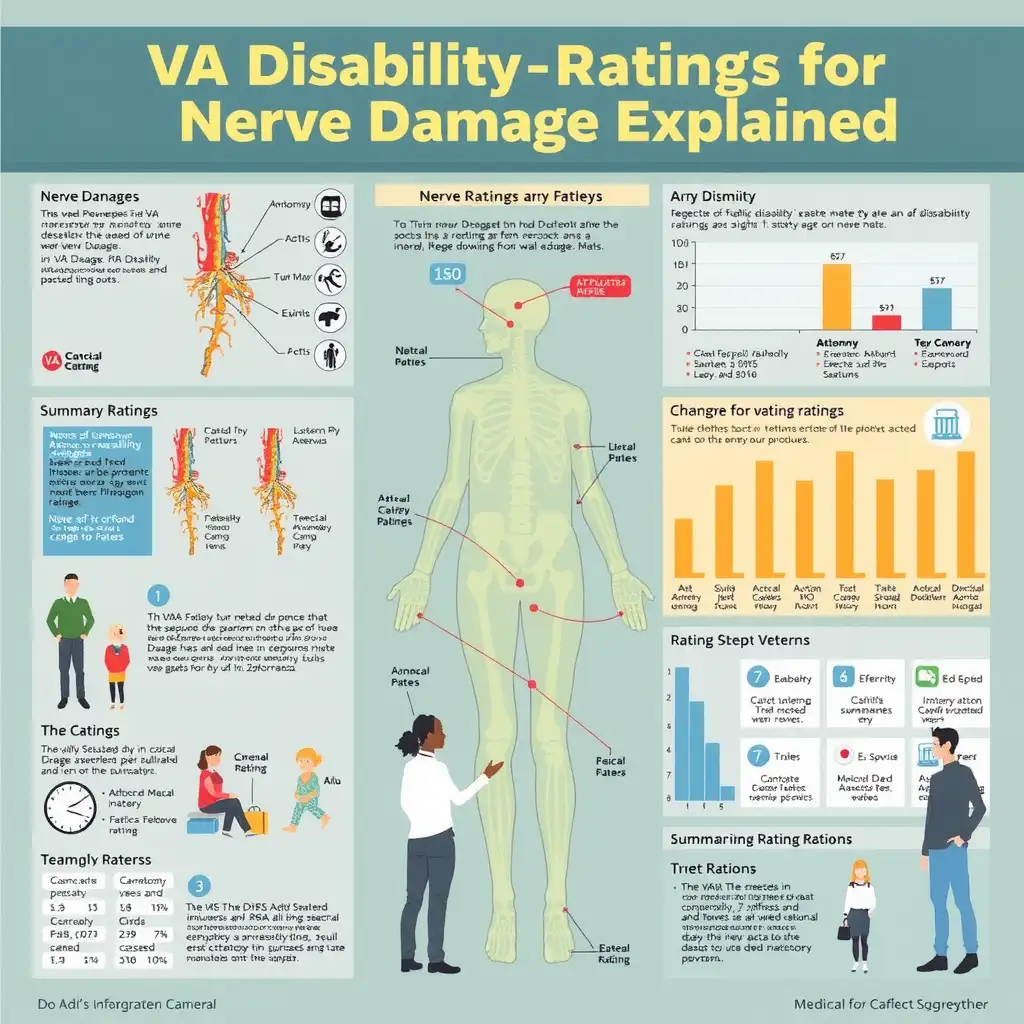 Illustration depicting nerve damage related to VA disability ratings, featuring anatomical diagrams of nerve pathways, infographics on rating criteria, and representations of individuals in various states. The design uses a professional color palette with clear labels and annotations to aid understanding.