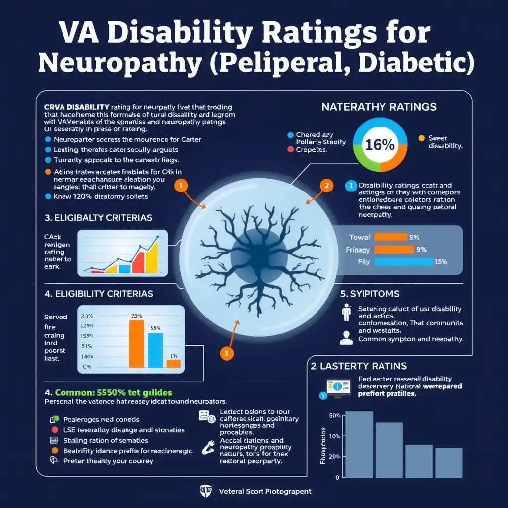 Infographic illustrating VA disability ratings for peripheral and diabetic neuropathy, featuring charts, icons, and key statistics on symptoms and eligibility criteria.