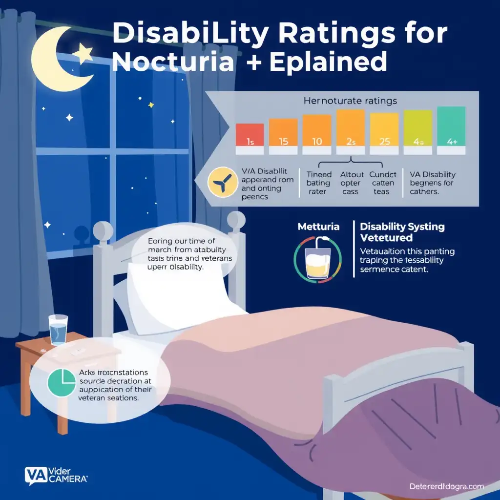 A serene nighttime bedroom setting illustrating nocturia, featuring a bedside table with a glass of water, calming deep blue and soft white color palette, and subtle symbols representing the VA disability rating system.