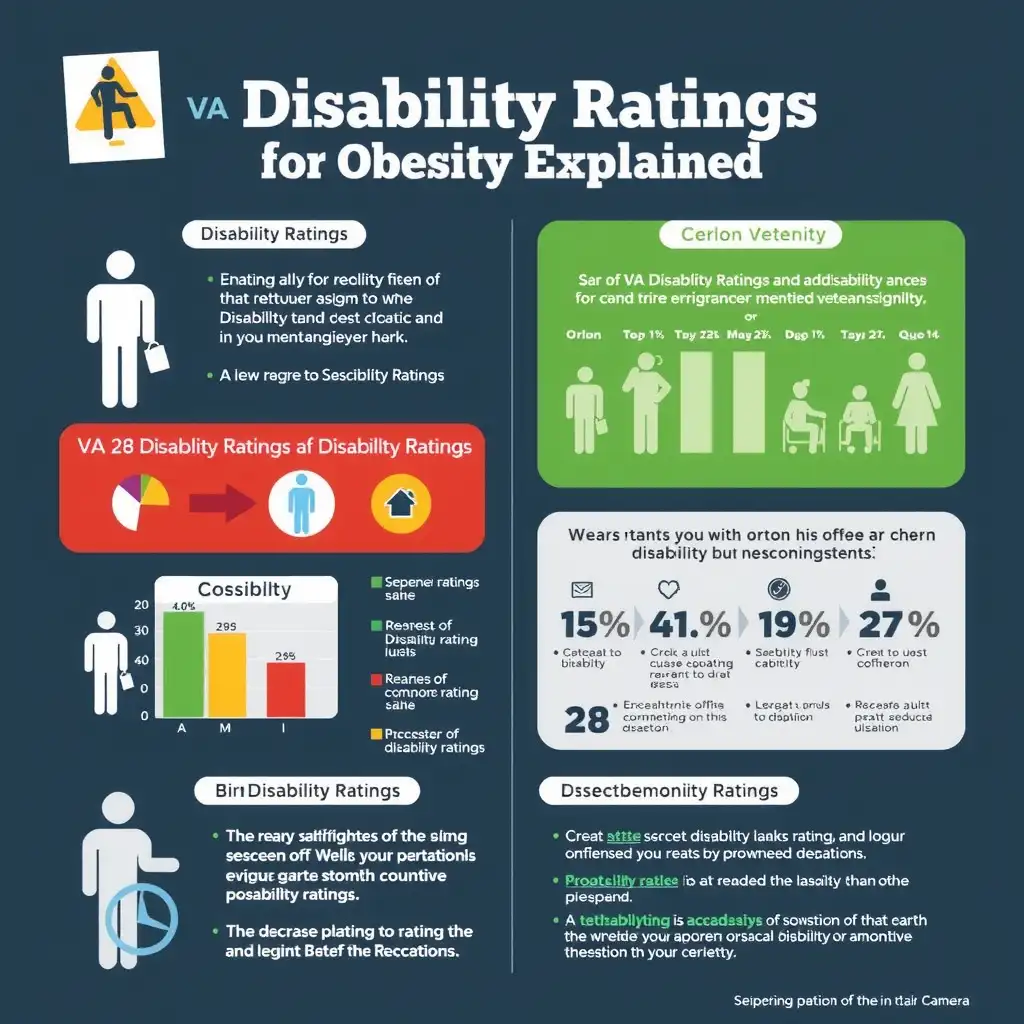 Infographic illustrating VA disability ratings for obesity, featuring charts, diagrams, and concise text. The design includes symbols representing obesity and disability, with a professional color palette of deep blues, greens, and grays.