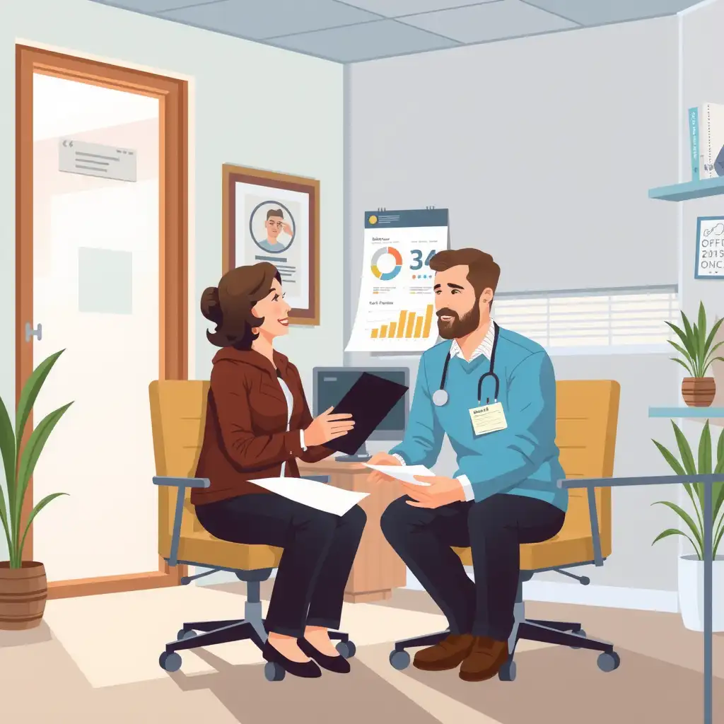 A compassionate VA representative discusses disability ratings with a patient in a serene office setting, featuring charts and infographics in the background to enhance understanding of occipital neuralgia. The warm interaction emphasizes empathy and support.