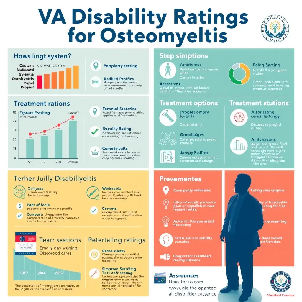 Infographic illustrating VA Disability Ratings for Osteomyelitis, featuring charts, icons, and diagrams that explain the rating system, symptoms, and treatment options with a clear and organized layout in soft colors and bold accents.