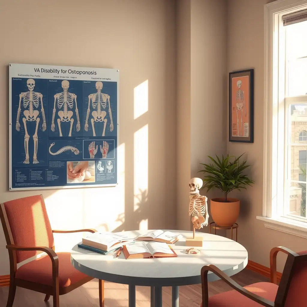 A well-lit consultation room featuring anatomical charts on bone health, a table with informative brochures, and models of human bones, creating an inviting and educational atmosphere for understanding VA disability ratings for osteoporosis.