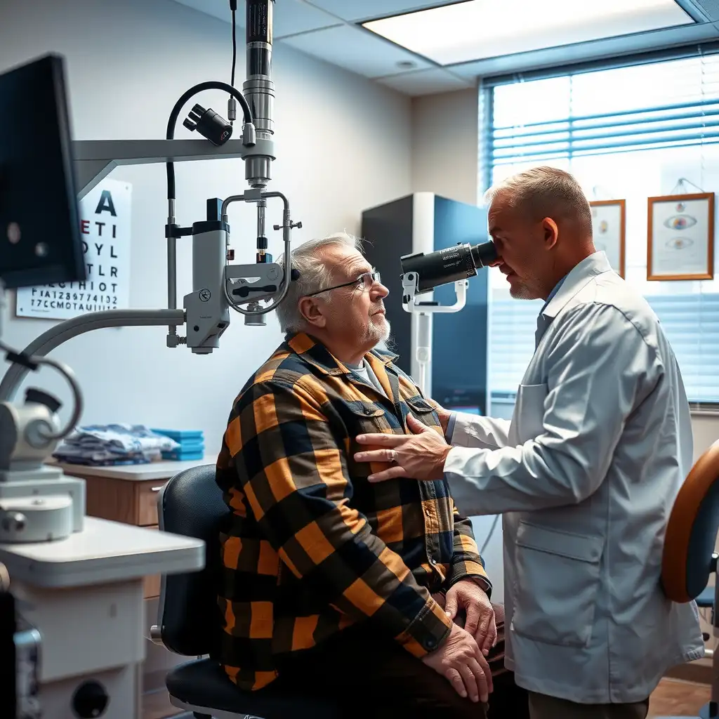 A modern ophthalmology clinic featuring advanced eye examination equipment, an eye chart, and a compassionate interaction between a veteran and an eye care specialist, emphasizing the importance of eye health and support for veterans.