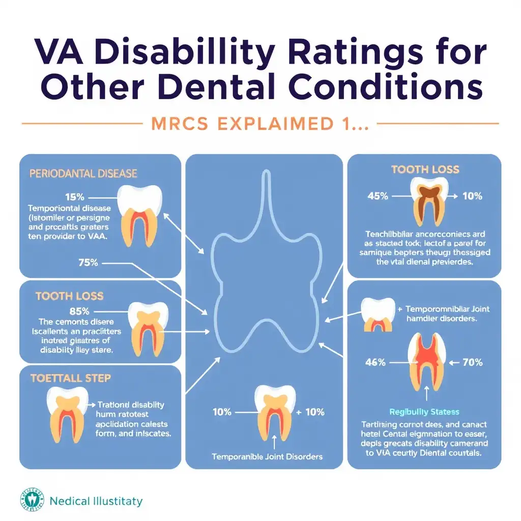 Illustration depicting various dental conditions recognized by the VA, including periodontal disease, temporomandibular joint disorders, and tooth loss. The graphic features detailed anatomical diagrams and annotations explaining disability ratings in a clear, educational layout.