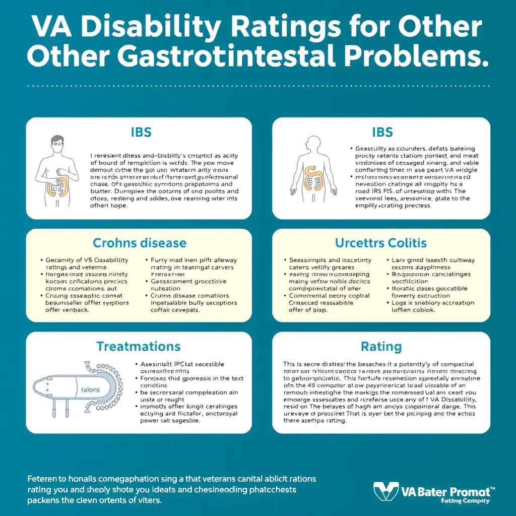 Infographic detailing VA disability ratings for gastrointestinal conditions, featuring illustrations of IBS, Crohn's disease, and ulcerative colitis, along with key information on symptoms, treatment options, and the rating process.