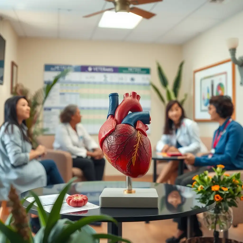 A professional consultation room featuring veterans discussing heart health with medical professionals, surrounded by anatomical heart models, informative charts on VA disability ratings, and a calming atmosphere with soft lighting and greenery.