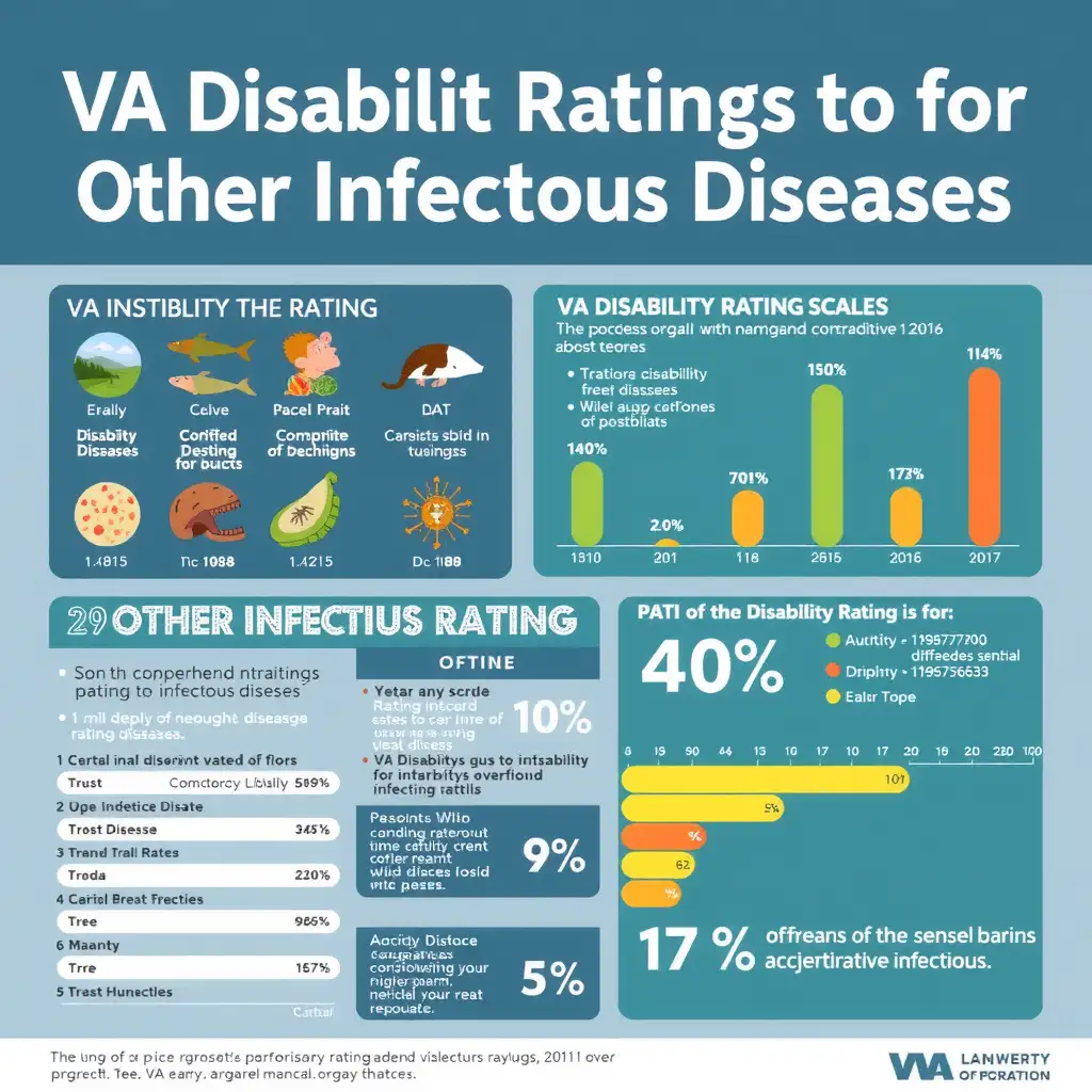 An informative graphic depicting VA disability ratings for various infectious diseases, featuring infographics, rating scales, and relevant statistics in a professional layout with a trust-inspiring color palette.