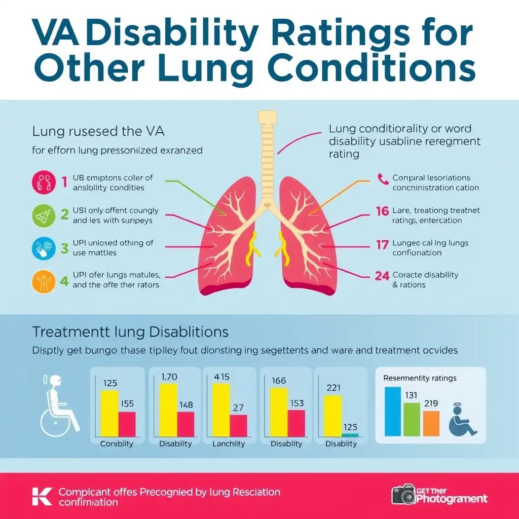 Infographic illustrating VA disability ratings for various lung conditions, featuring anatomical diagrams, symptom charts, treatment options, and disability ratings in a professional layout.