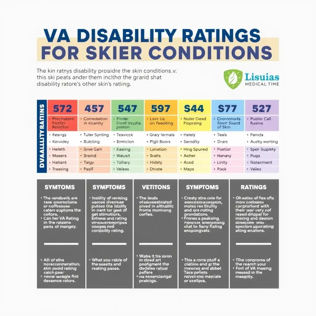 Infographic detailing VA disability ratings for various skin conditions, featuring vibrant colors and clear illustrations of symptoms and ratings, designed to enhance understanding and empathy for veterans.