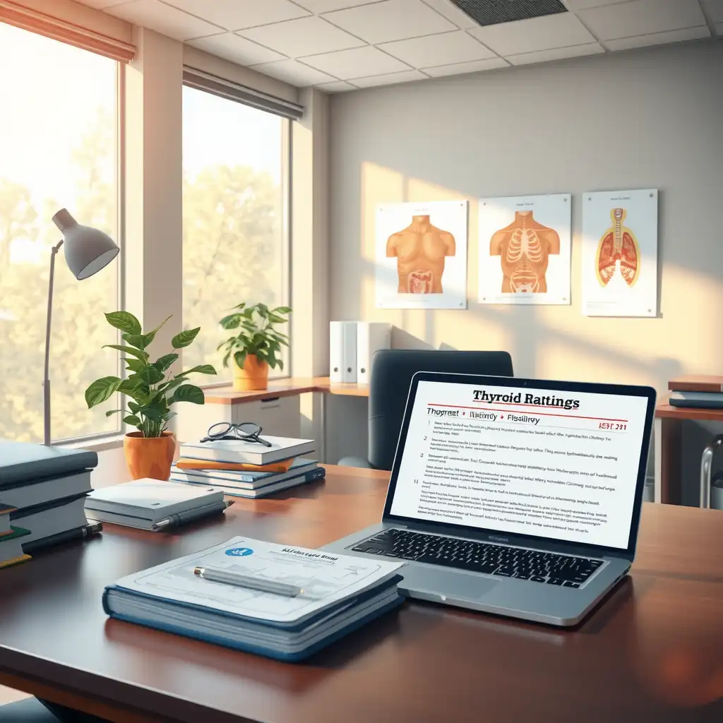 A well-organized office space featuring a large desk with medical textbooks, thyroid anatomy charts, and an open laptop displaying VA regulations documents, all illuminated by natural light.