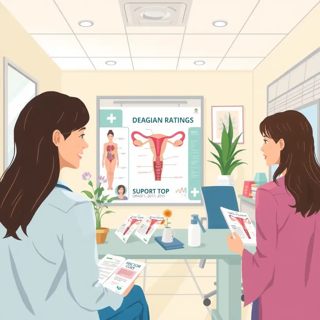 Illustration of a serene medical office with anatomical charts, informative pamphlets about PCOS, and a calming atmosphere, using soft blues and greens to convey support and knowledge.