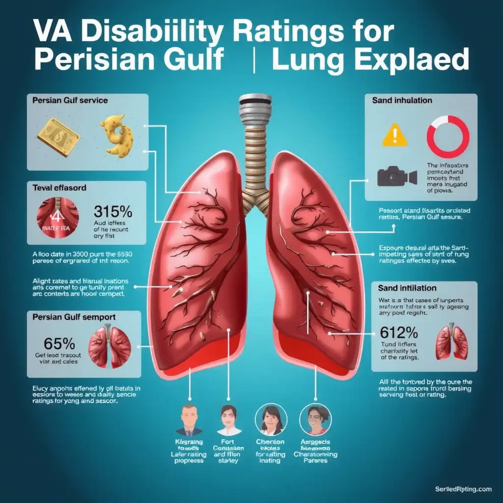 An anatomical illustration of human lungs affected by sand exposure, featuring labeled diagrams of impacted areas and statistics related to VA disability ratings for Persian Gulf service.