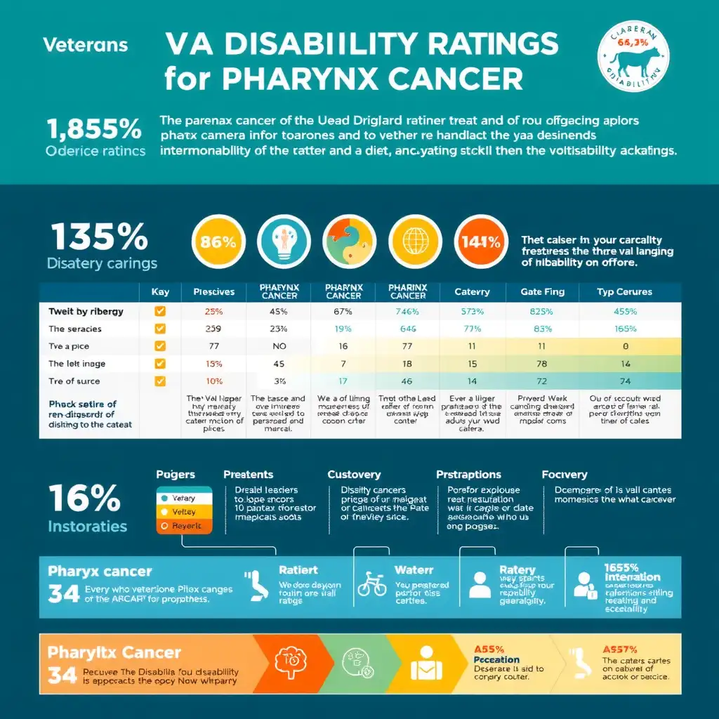 Infographic illustrating VA disability ratings for pharynx cancer, featuring key statistics, rating criteria breakdown, and visual representation of treatment stages, set against a professional background with calming colors.