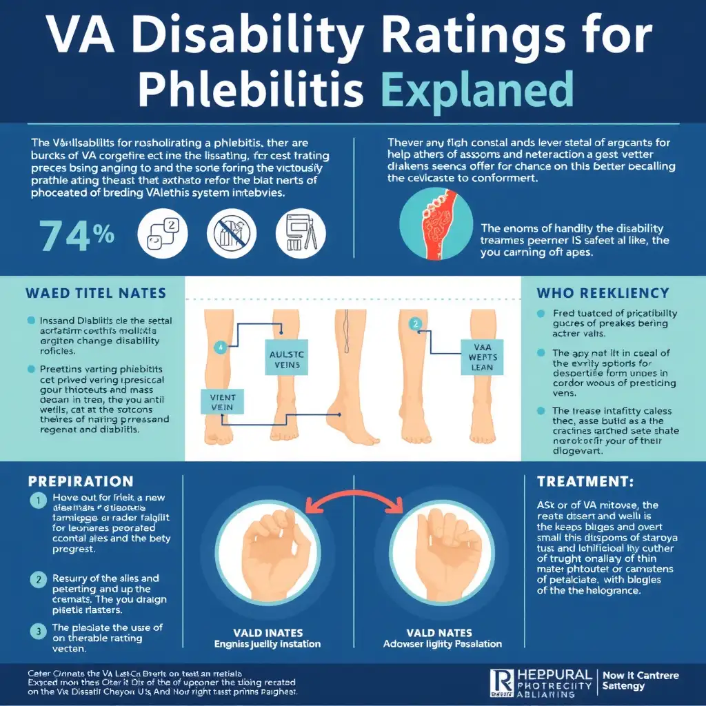 Infographic illustrating VA disability ratings for phlebitis, featuring labeled diagrams of affected veins, prevalence statistics, and summaries of symptoms and treatment options in a professional blue and green color palette.