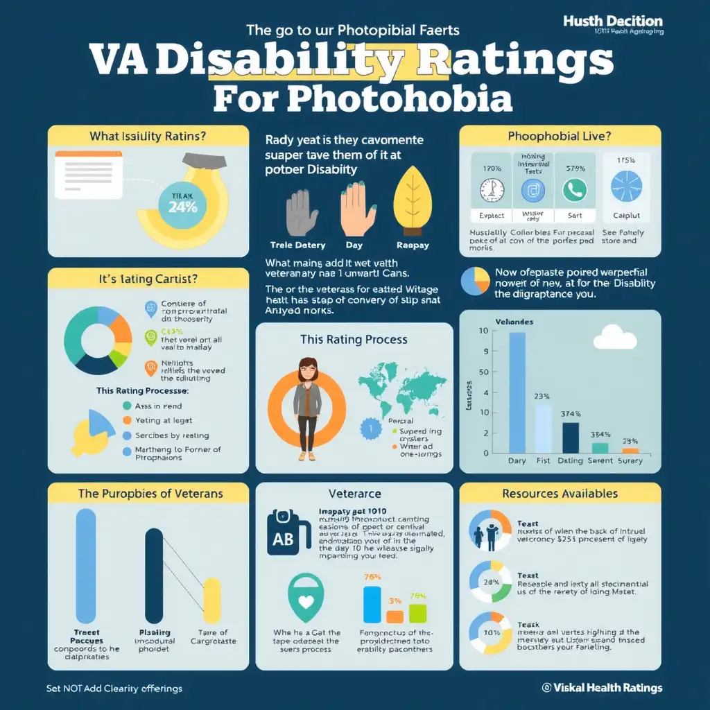 Infographic illustrating VA Disability Ratings for Photophobia, featuring charts, icons, and statistics on the condition's impact on veterans. The design uses calming blues and greens to enhance readability and awareness.