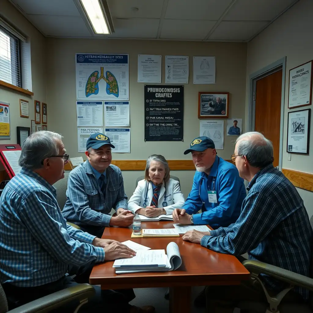 A diverse group of veterans engaged in a meaningful discussion with healthcare professionals in a well-lit clinic, surrounded by medical charts and educational materials on lung health, conveying determination and hope.