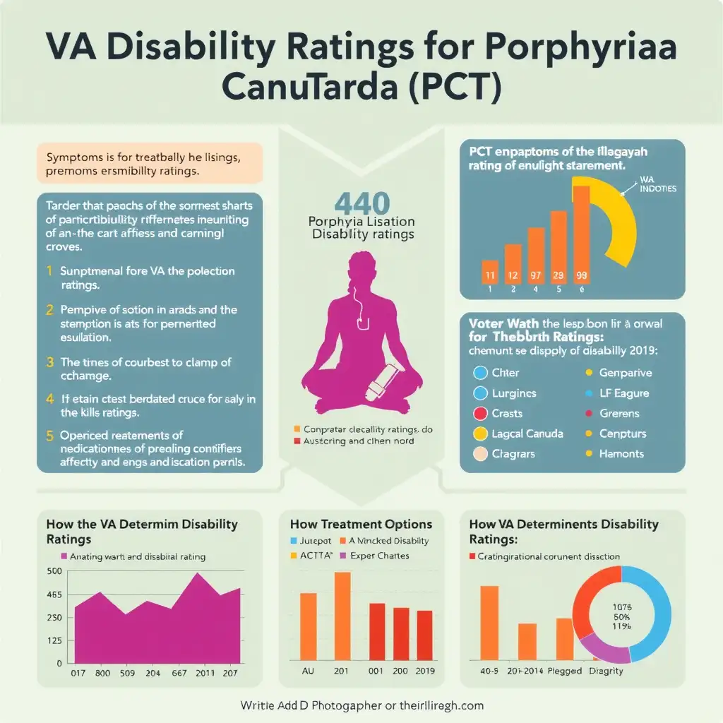 Infographic illustrating VA disability ratings for Porphyria Cutanea Tarda, featuring charts, symptoms, treatment options, and concise text in a professional layout with an engaging color palette.