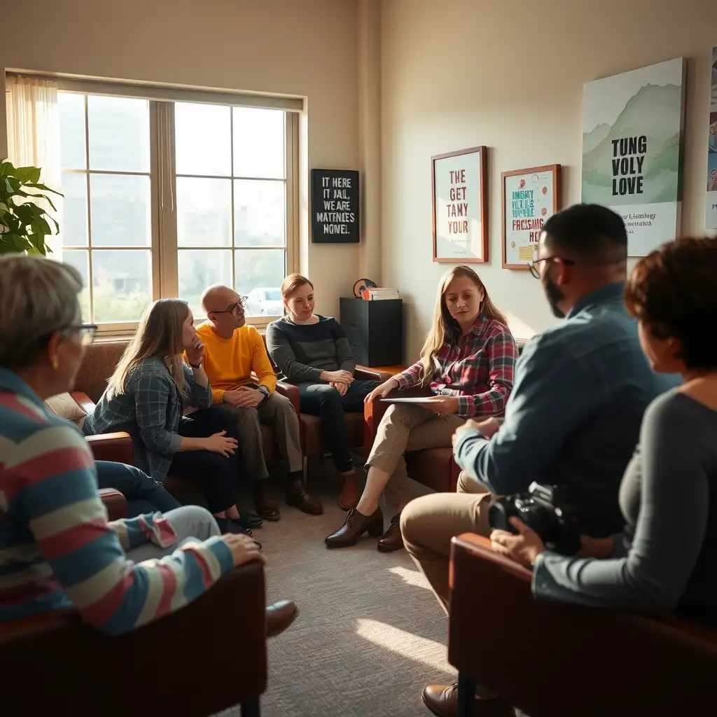 A diverse group of veterans engaged in a supportive discussion with a counselor in a serene counseling environment, featuring calming colors and motivational posters, evoking empathy and hope.