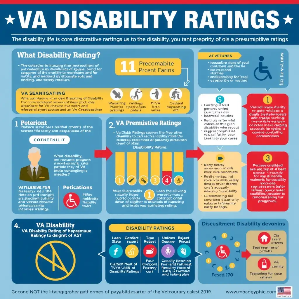 Infographic illustrating VA disability ratings on a presumptive basis, featuring charts, icons, and symbols to enhance understanding of the process and categories for veterans. The design utilizes a vibrant color palette and clear text for accessibility.