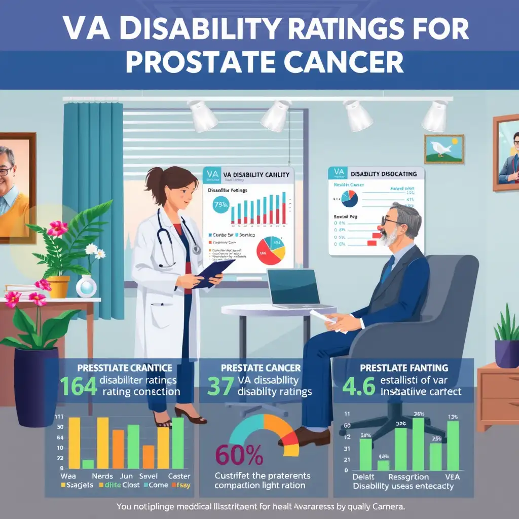 A healthcare professional consults with a veteran in an office setting, surrounded by charts and infographics illustrating VA disability ratings for prostate cancer, conveying support and clarity.