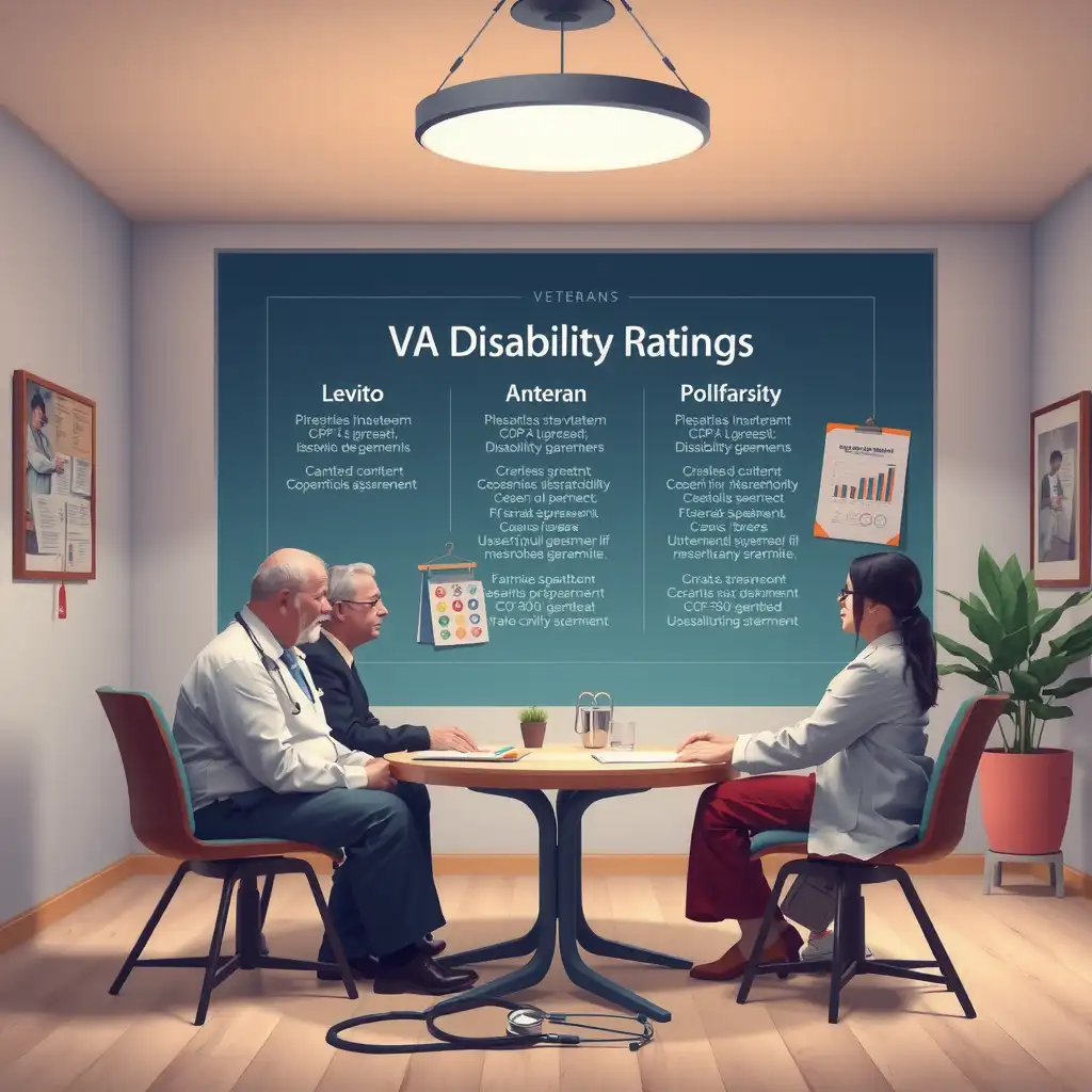 Illustration depicting the concept of VA Disability Ratings for Pseudotumor Cerebri, featuring medical symbols and veterans engaging in supportive conversation, all set in a compassionate and professional atmosphere.