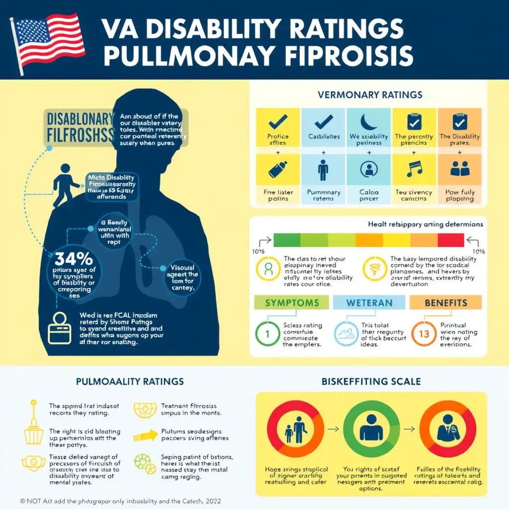 Infographic detailing VA Disability Ratings for Pulmonary Fibrosis, featuring statistics, a disability rating scale, symptoms, treatment options, and information on the rating process in a clear and colorful design.