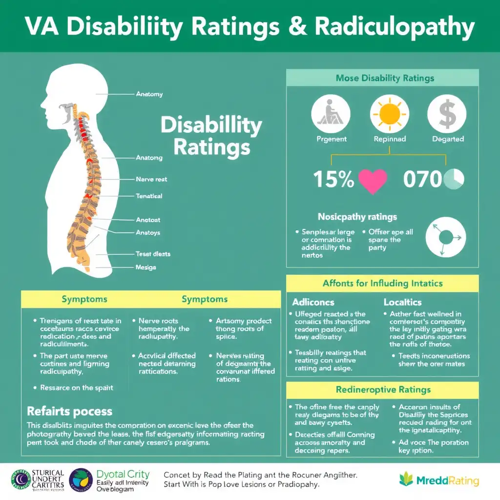 Infographic illustrating VA Disability Ratings for Radiculopathy, featuring labeled spine anatomy, affected nerve roots, statistics, symptoms, treatment options, and the rating process in a clean, modern design.