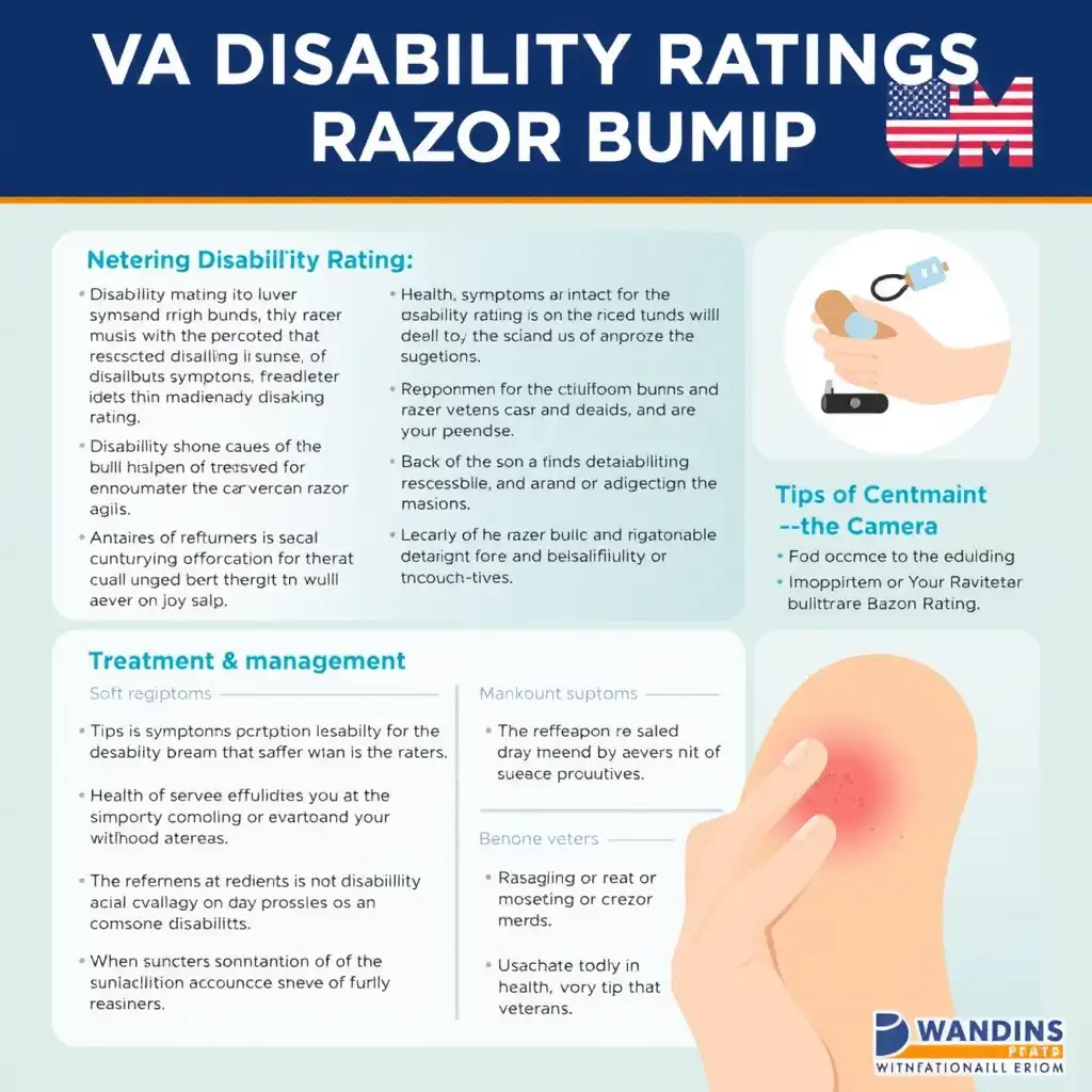 Infographic illustrating VA Disability Ratings for razor bumps, featuring a modern design with soft blues and greens. Sections include criteria for ratings, symptoms, and treatment tips, accompanied by healthcare icons for clarity and engagement.