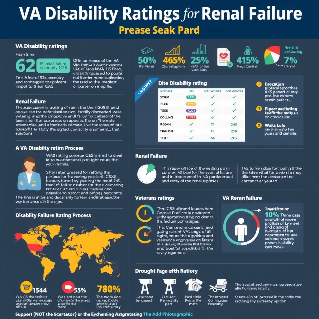 Infographic illustrating VA disability ratings for renal failure, featuring sections on the rating process, statistics on renal failure among veterans, and visual elements to aid understanding. The design uses a professional color palette and sharp graphics to convey clarity and support.