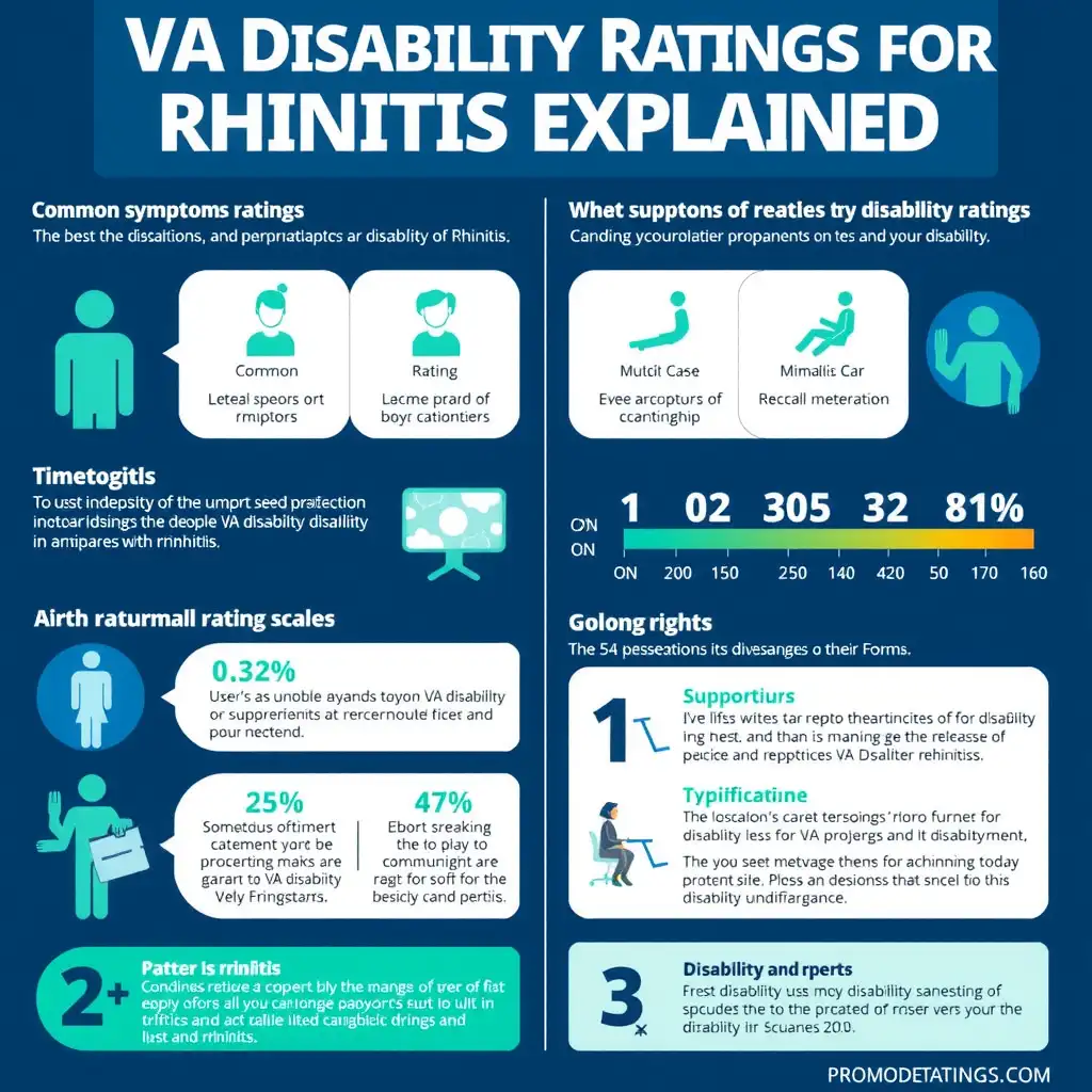 Infographic illustrating VA disability ratings for rhinitis, featuring a modern design with soothing blue and green colors, icons of symptoms, a rating scale, and key statistics for clarity and accessibility.