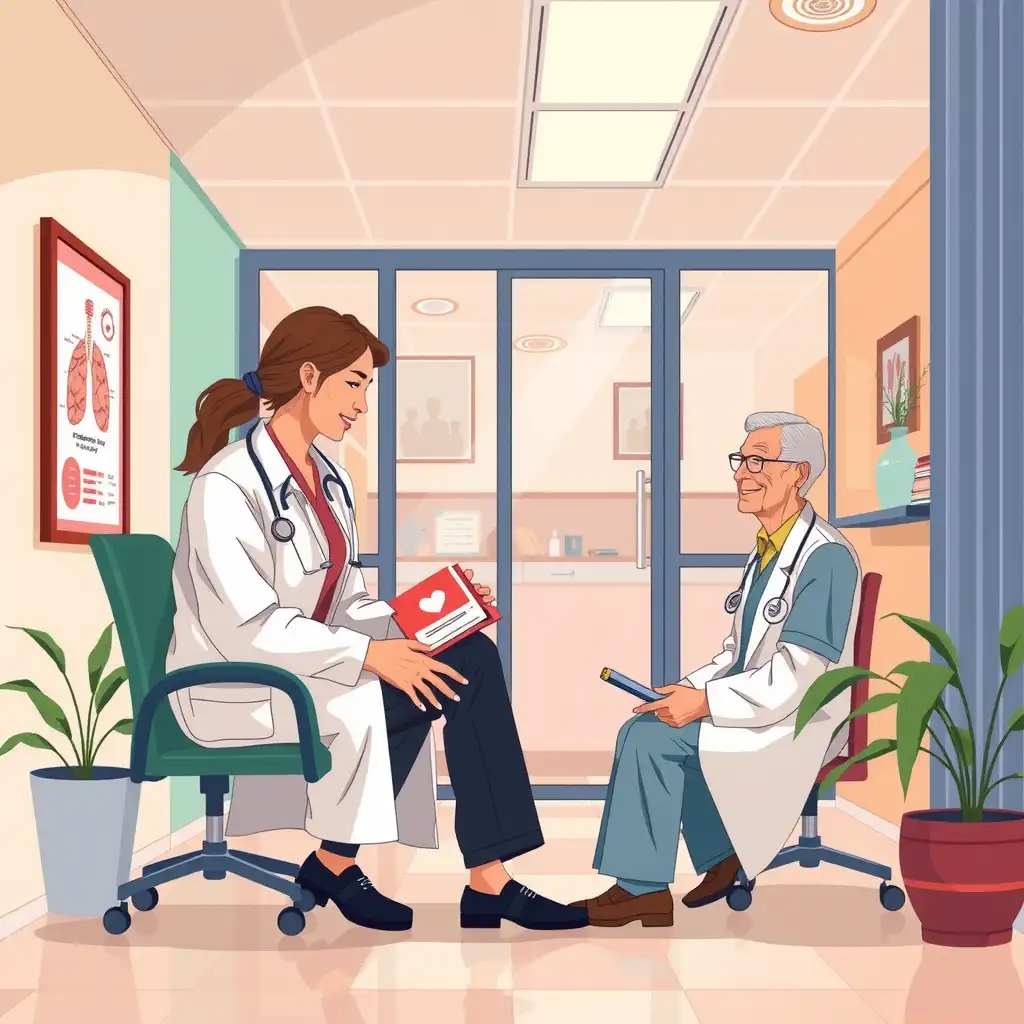 A healthcare professional discusses treatment options with a veteran in a modern clinic, surrounded by supportive resources and anatomical illustrations related to sarcoidosis, conveying empathy and hope.