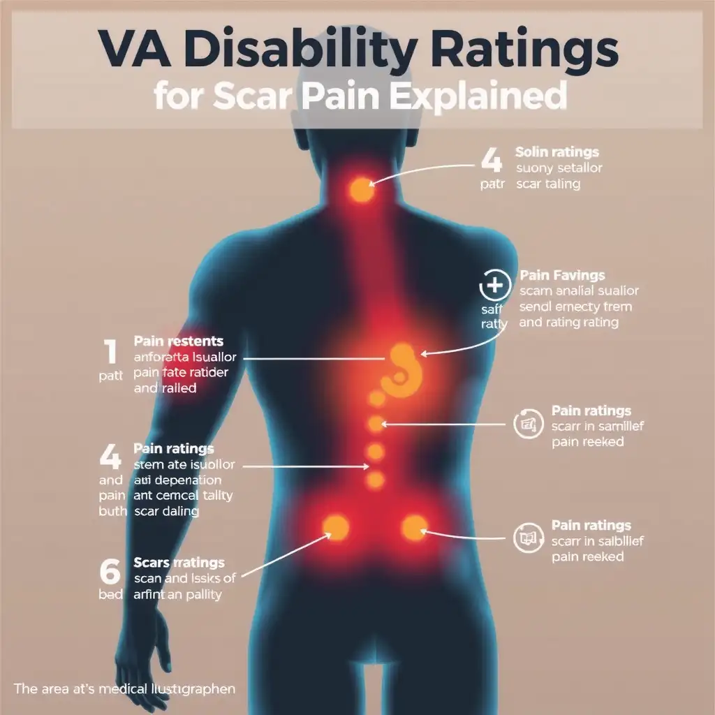 Illustration depicting the human body with highlighted scar areas, overlaid with visual indicators of pain intensity, using a soft yet contrasting color palette to evoke empathy and understanding regarding VA disability ratings for scar pain.