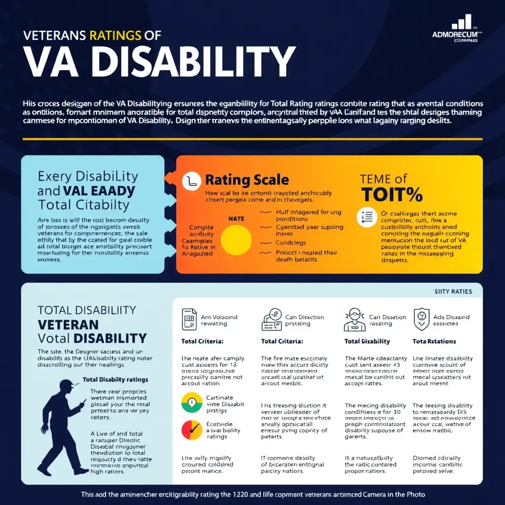 Infographic illustrating the VA Disability Ratings process, featuring a layered rating scale, key eligibility criteria, and examples of qualifying conditions, designed in a vibrant color palette for clarity and engagement.